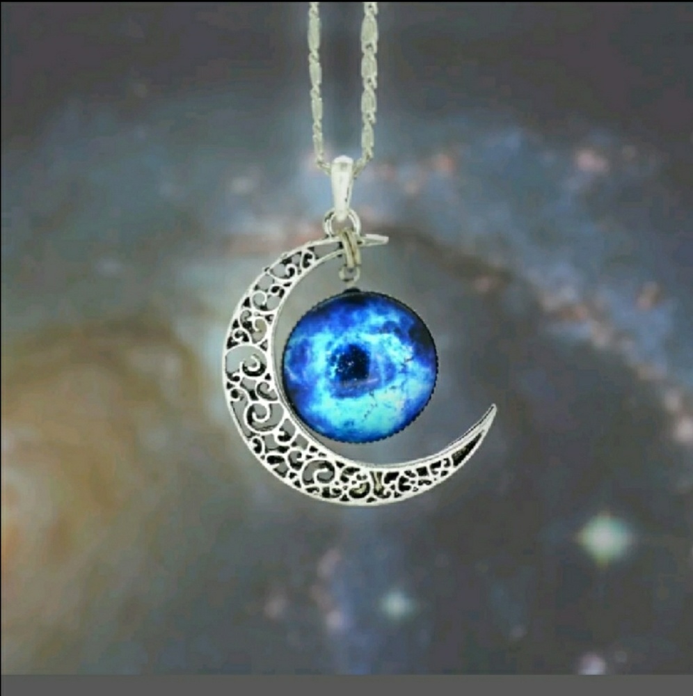 Cresent moon and cosmic nebula necklace